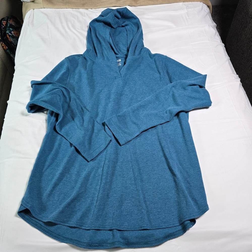 Duluth Trading Co Hoodie  XL Blue Waffle Knit Split Neck High Low Hem Gorpcore